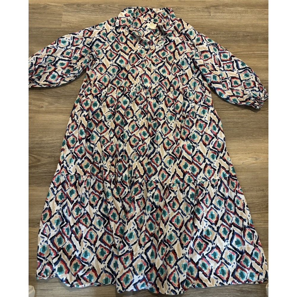Anthropologie The Bettina Tiered Midi Maxi Shirt Dress Beige Multi Combo 2X